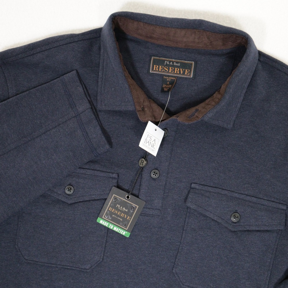Jos A Bank Reserve Long Sleeve Polo Shirt Tailored Fit Stretch Navy Men L NWT